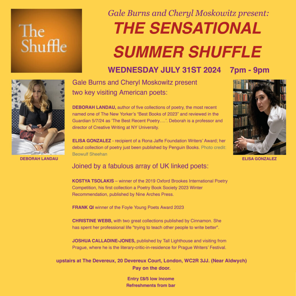 summer shuffle poster, Wednesday July 31st 2024, 7pm to 9pm, upstairs at the Devereux, 20 Devereux Court, London, WC2R 3JJ (Near Aldwych) pay on the door, Entry £8 (£5 low income) Refreshments from bar.